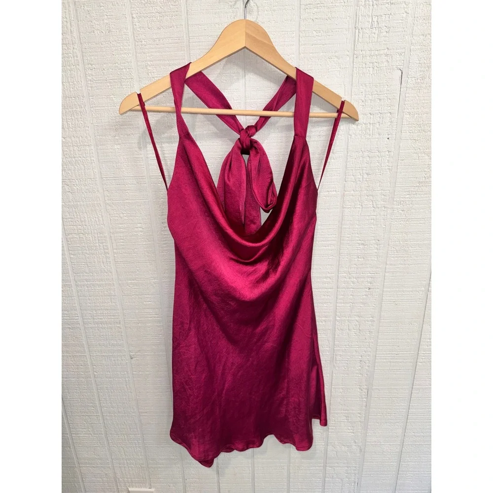 Hello Molly Mini Dress Womens Fuchsia Satin Cowl Neck Open Back 63258B04 Size M